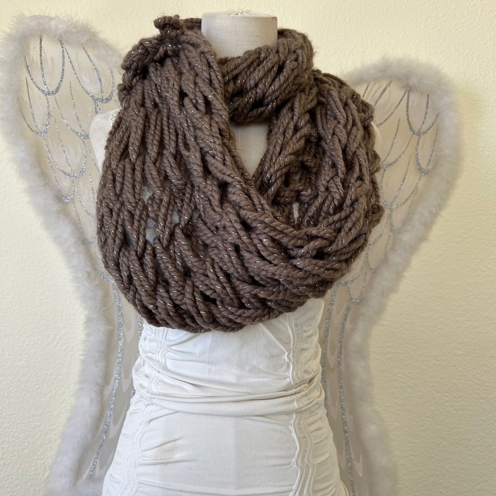 Chunky Knit Infinity Scarf Taupe Metallic‎ Sparkle Loop Cozy Winter Warm Boho
